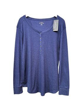 EDDIE BAUER Waffle Knit Henley Top Womens XXL Blue Long Sleeve Thermal Tee NWT